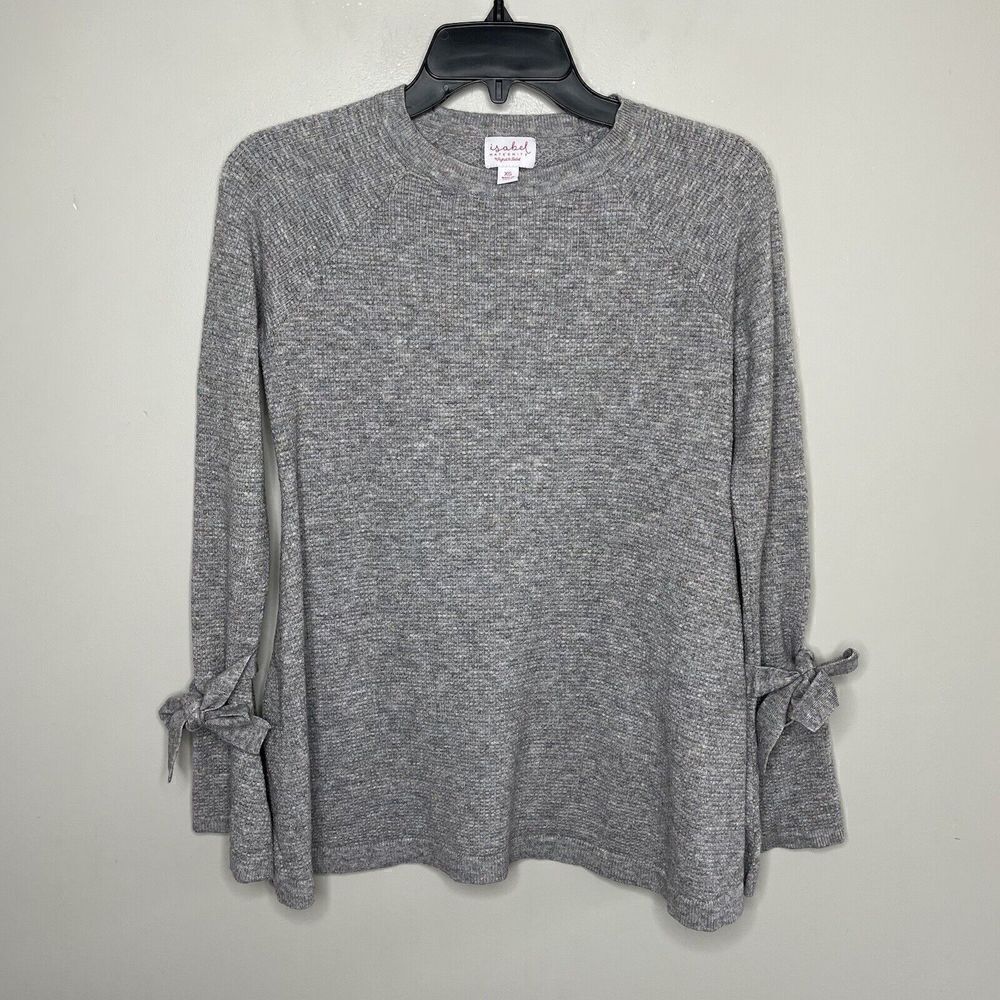 ISABEL MATERNITY Sweater Womens XS Waffle-Knit Pullover Bell Sleeve Bows Stretch